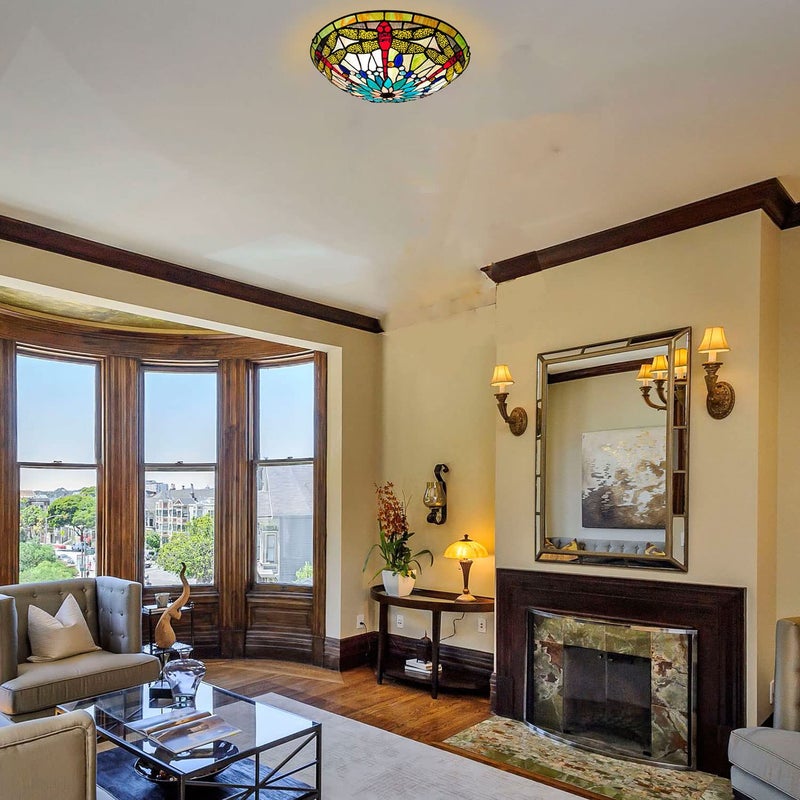 Artzone أضواء السقف تيفاني من ARTZONE، ضوء سقف زجاج ملون 3-مصابيح 16 بوصة ضوء سقف مدمج تيفاني لغرفة النوم، غرفة الطعام، غرفة المعيشة، المدخل، الردهة - Image 3